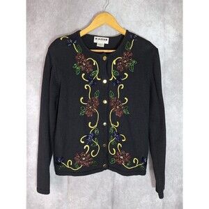 Vtg JOAN LESLIE Chunky Knit Ugly Christmas Sweater Cardigan Womens PM Beaded Y2K